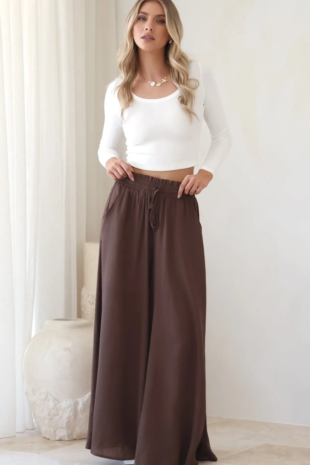Charli Pants - Paper Bag High Waisted Wide Leg Pants in Brown>Salty Crush Discount