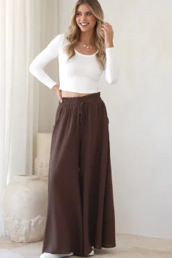 Charli Pants - Paper Bag High Waisted Wide Leg Pants in Brown><noscript><img width=