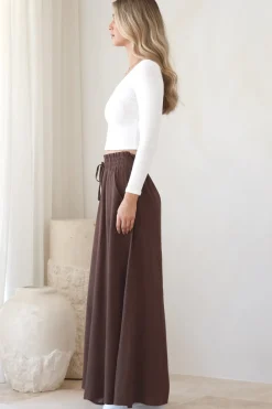 Charli Pants - Paper Bag High Waisted Wide Leg Pants in Brown><noscript><img width=