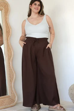 Charli Pants - Paper Bag High Waisted Wide Leg Pants in Brown><noscript><img width=