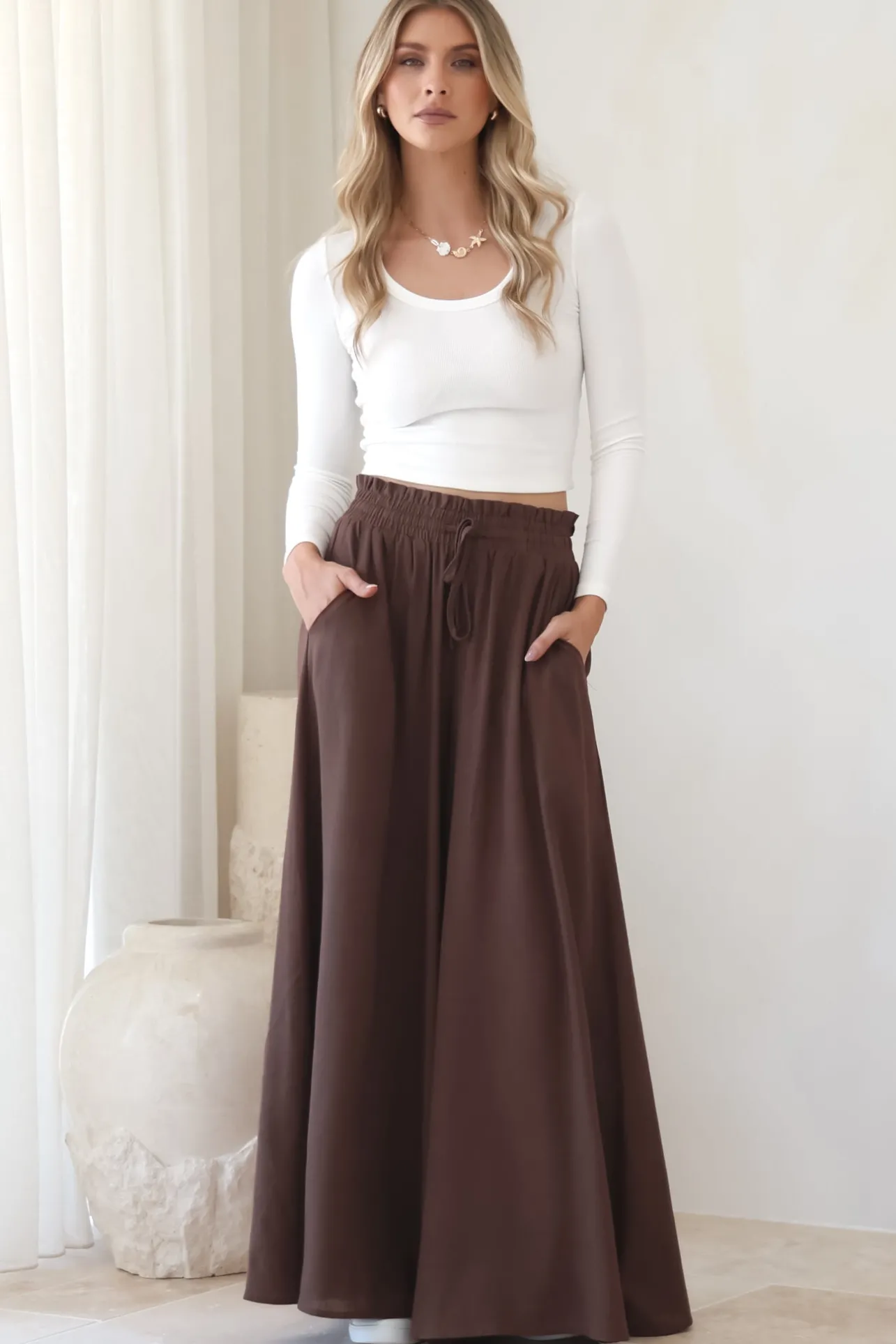 Charli Pants - Paper Bag High Waisted Wide Leg Pants in Brown>Salty Crush Discount