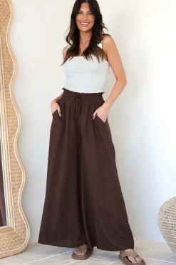 Charli Pants - Paper Bag High Waisted Wide Leg Pants in Brown><noscript><img width=