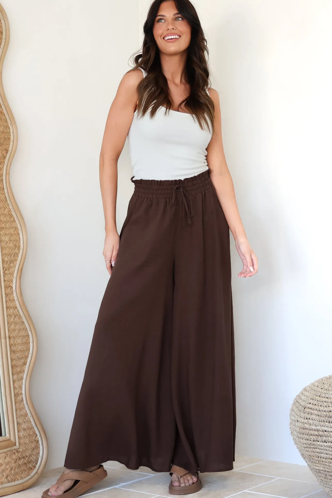 Charli Pants - Paper Bag High Waisted Wide Leg Pants in Brown>Salty Crush Discount