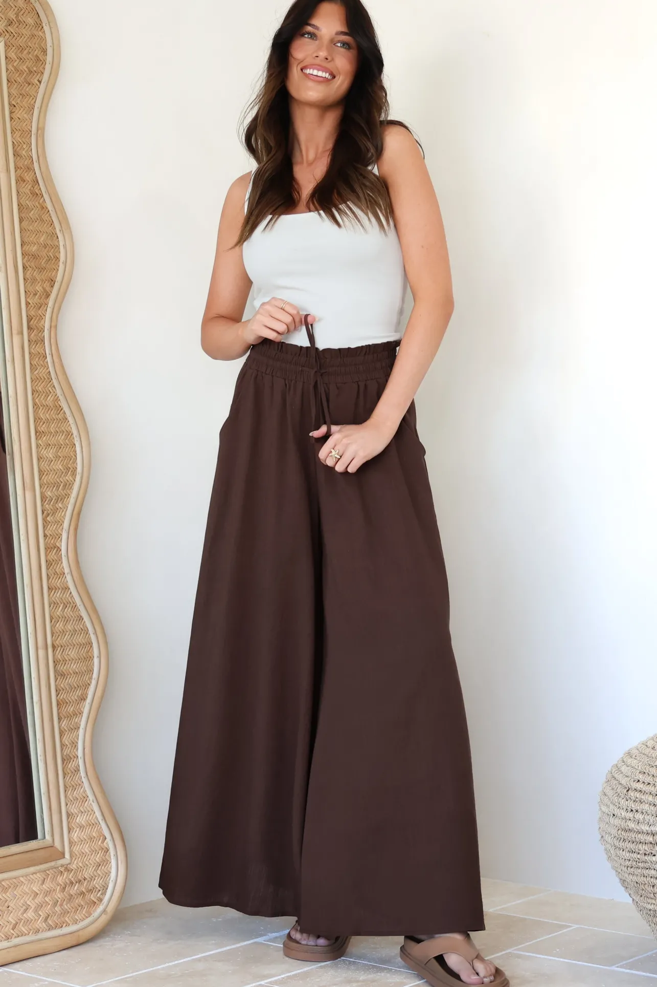 Charli Pants - Paper Bag High Waisted Wide Leg Pants in Brown>Salty Crush Discount