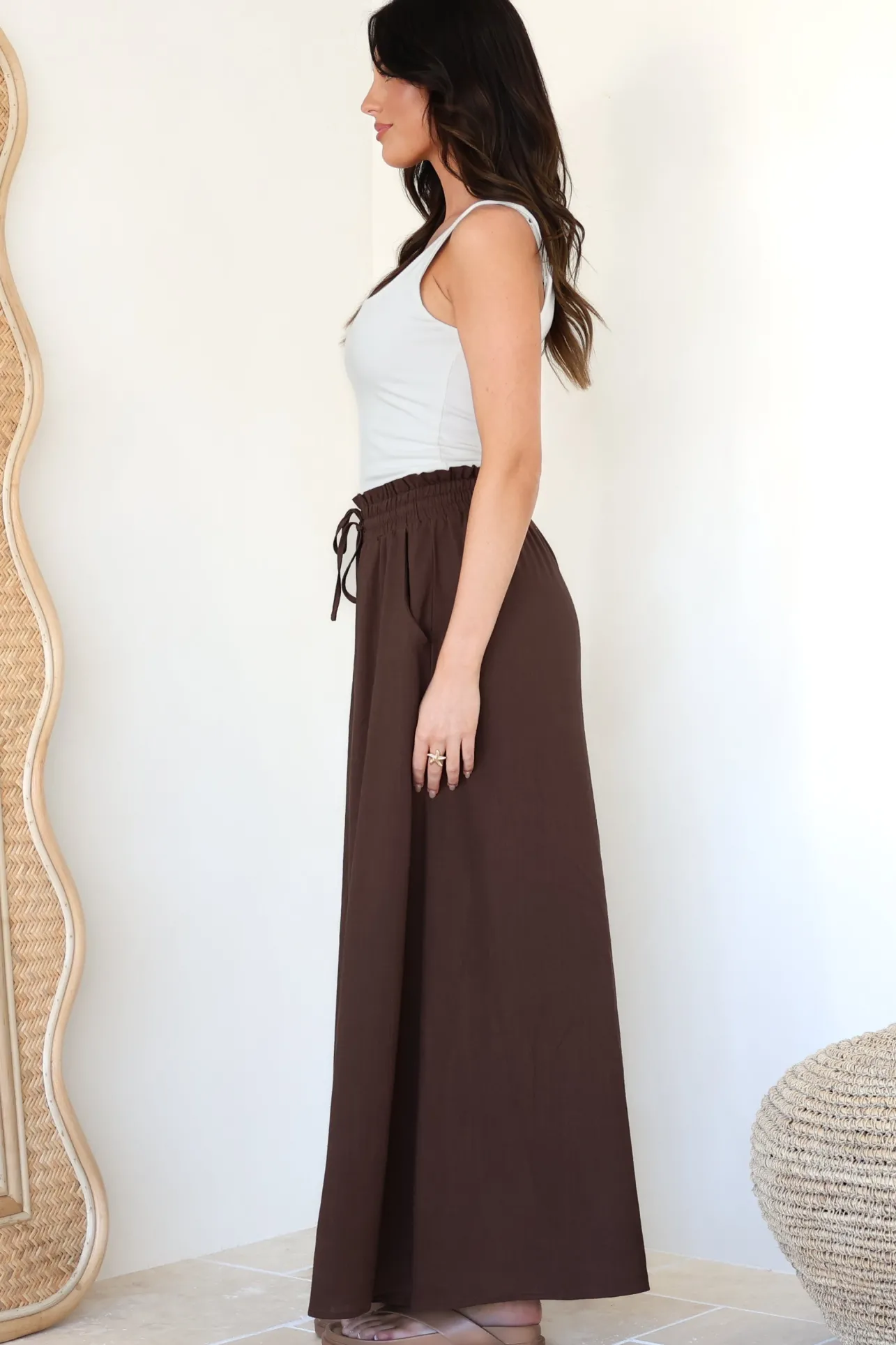 Charli Pants - Paper Bag High Waisted Wide Leg Pants in Brown>Salty Crush Discount
