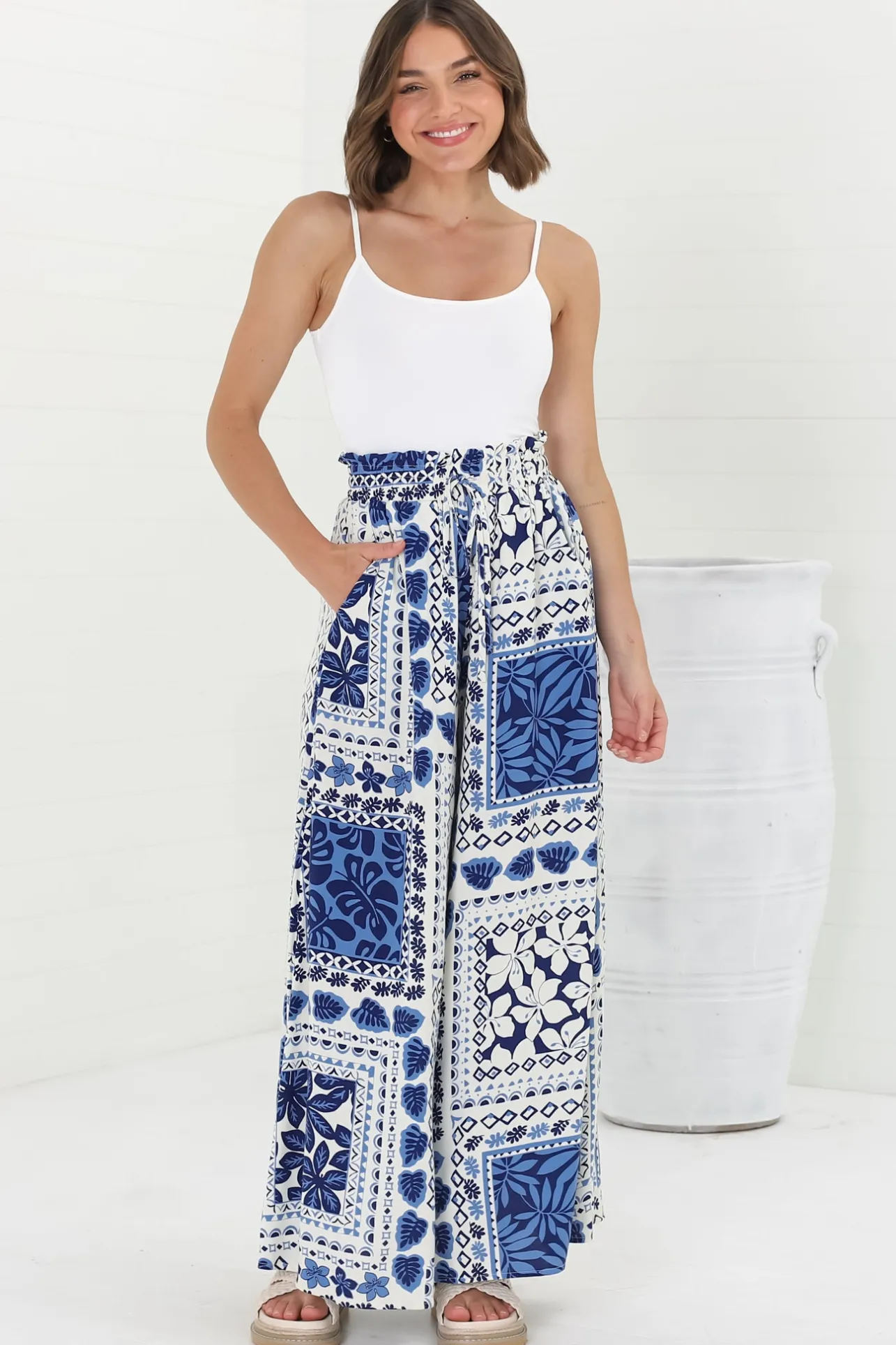 Charli Pants - Paper Bag High Waisted Wide Leg Pants in Halia Print>Salty Crush