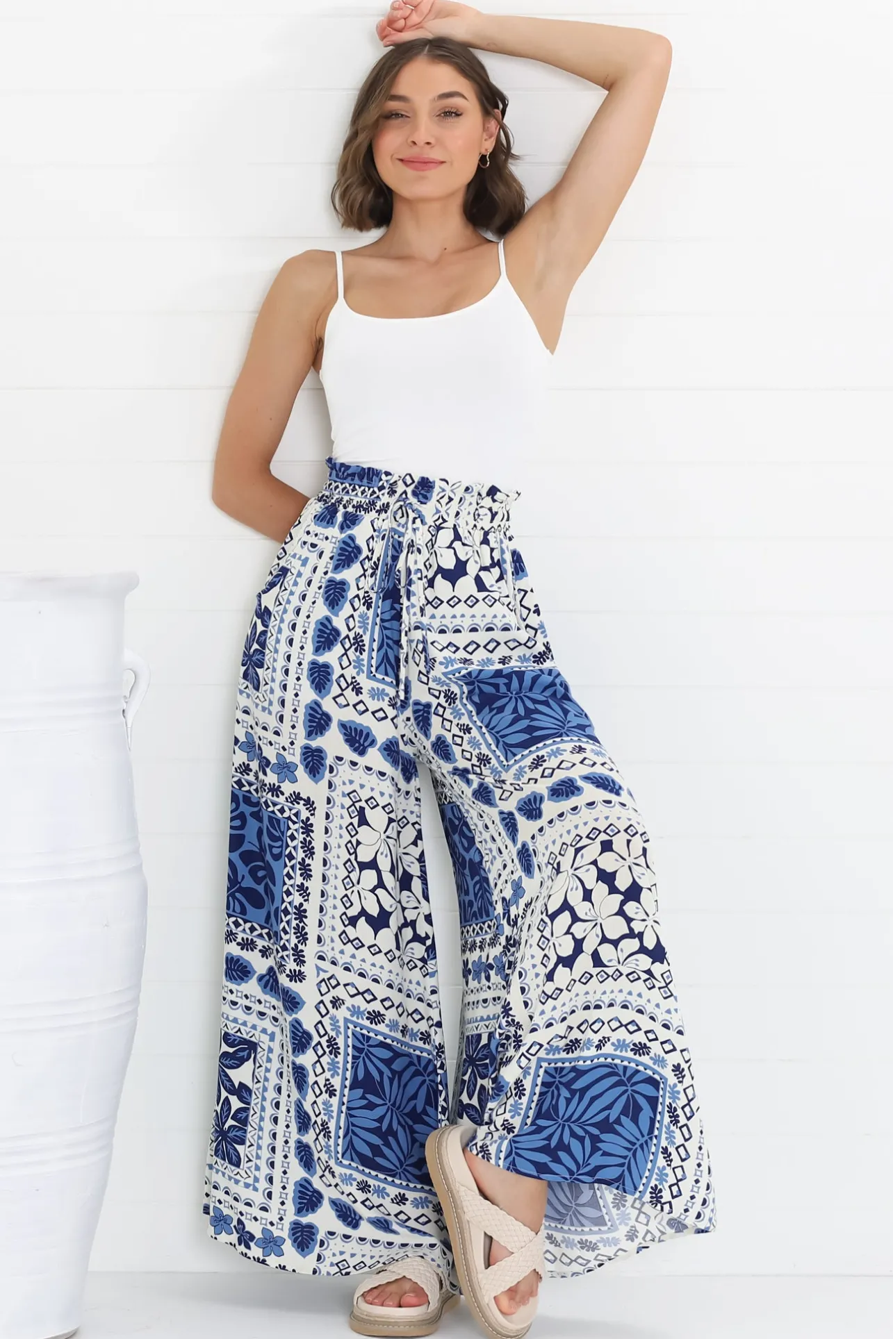Charli Pants - Paper Bag High Waisted Wide Leg Pants in Halia Print>Salty Crush