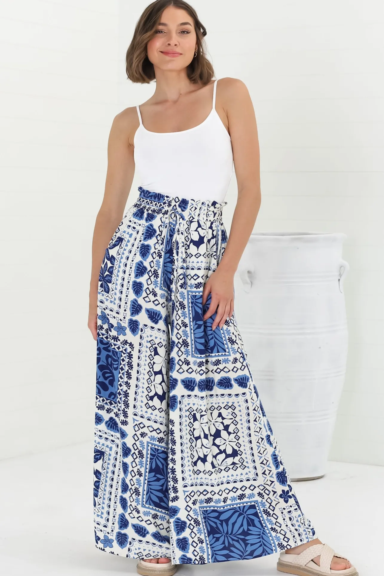 Charli Pants - Paper Bag High Waisted Wide Leg Pants in Halia Print>Salty Crush