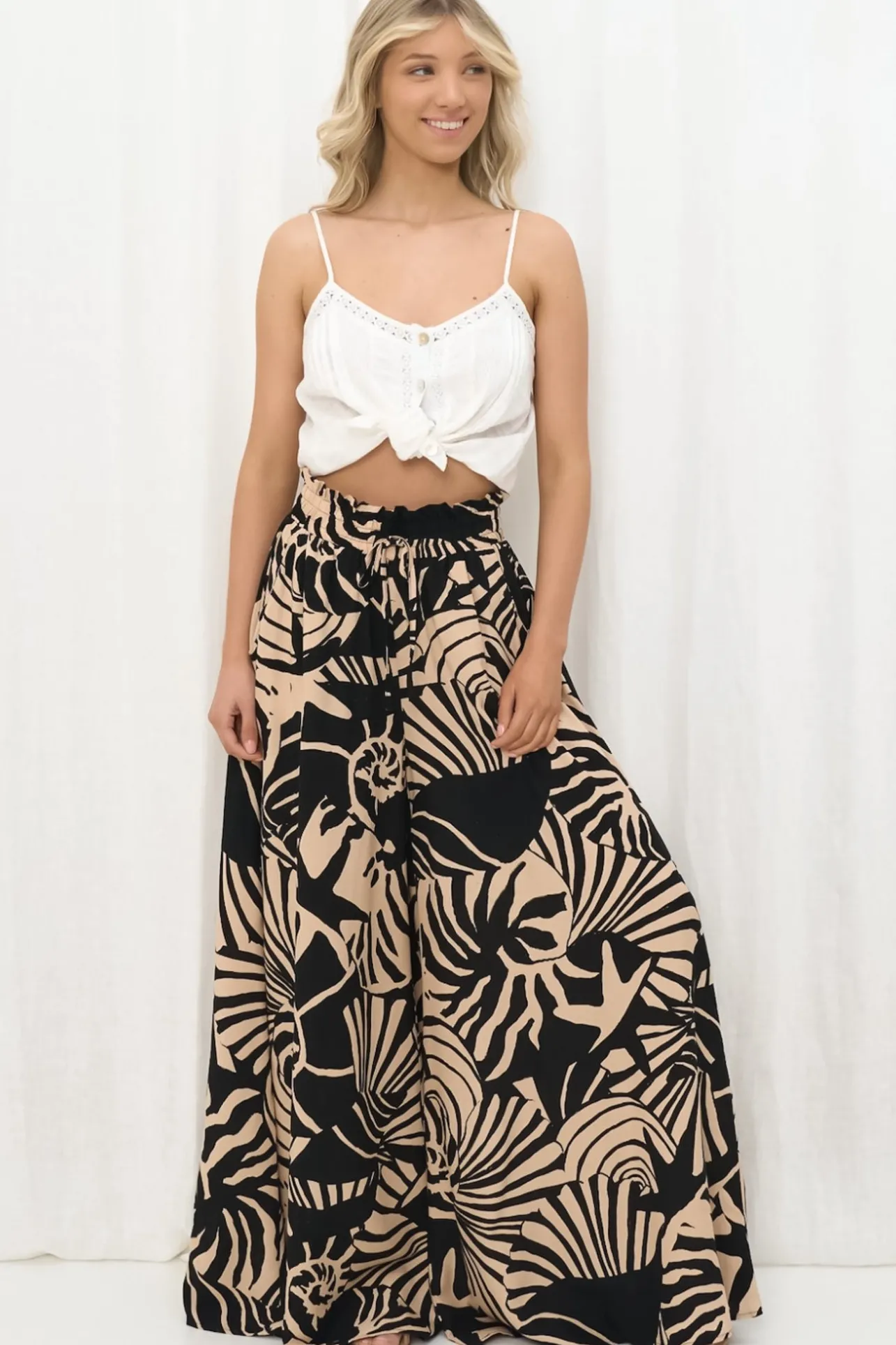 Charli Pants - Paper Bag High Waisted Wide Leg Pants in Ellnora Print>Salty Crush Sale