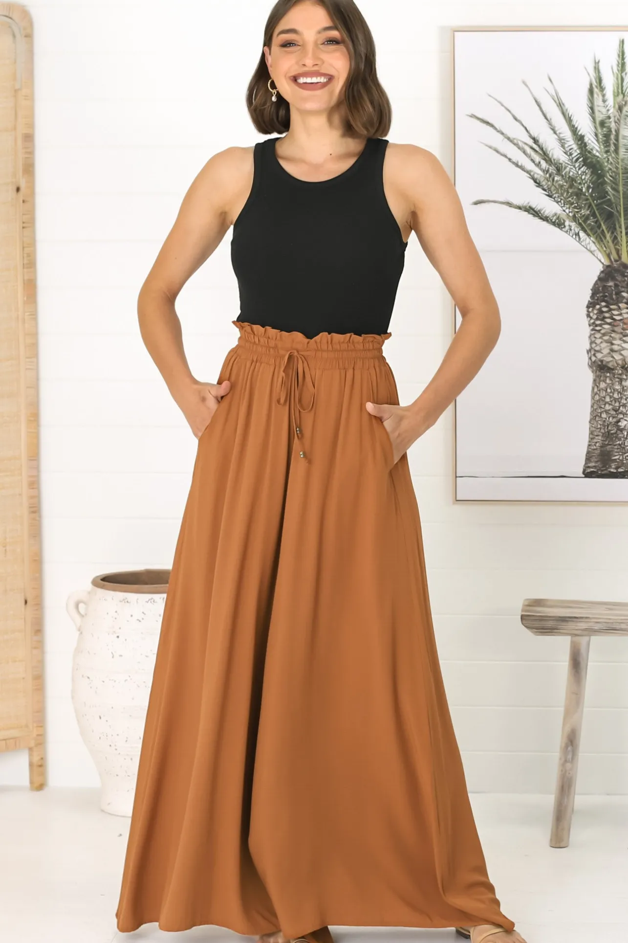Charli Pants - Paper Bag High Waisted Wide Leg Pants in Rust>Salty Crush New