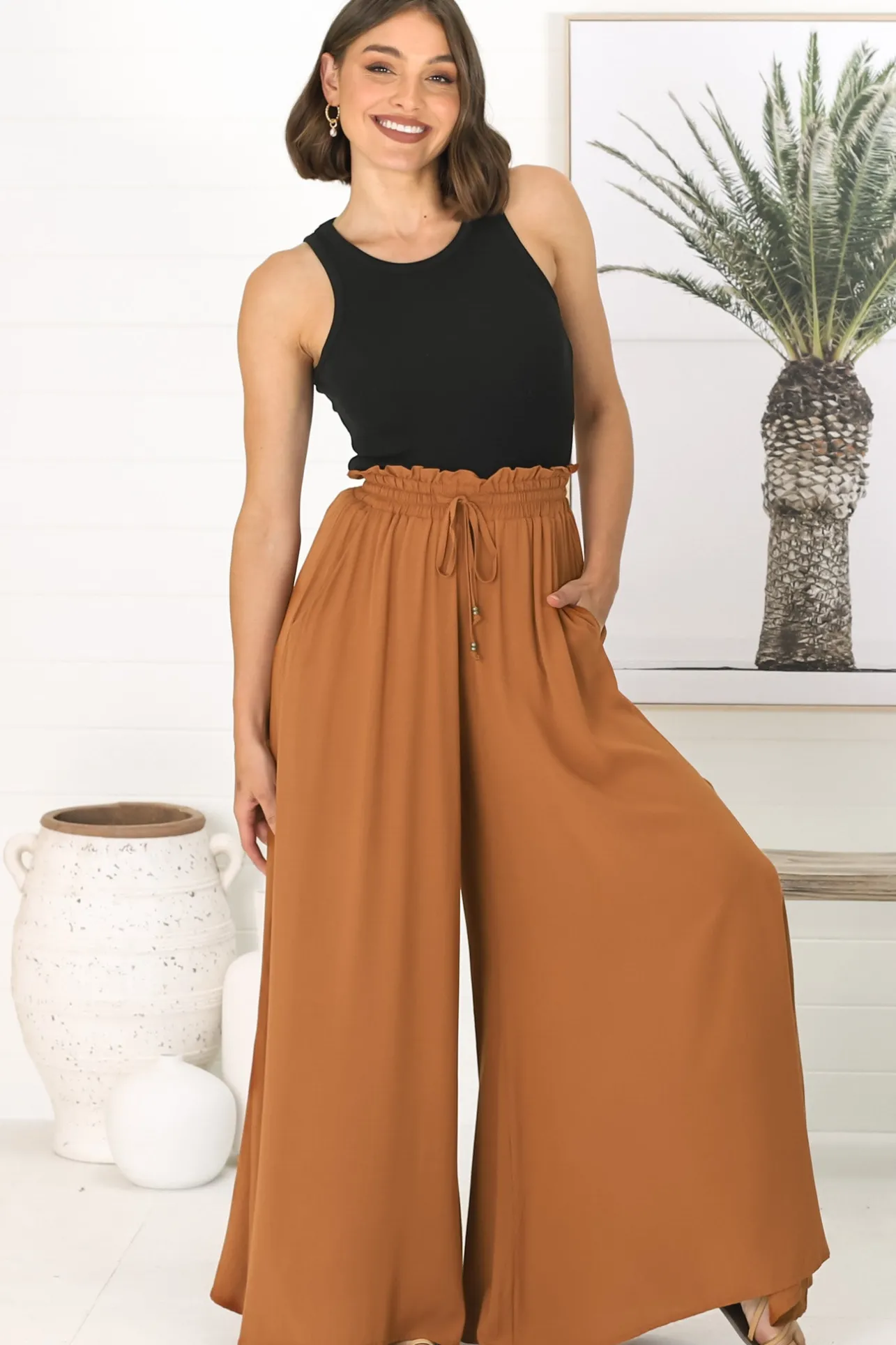 Charli Pants - Paper Bag High Waisted Wide Leg Pants in Rust>Salty Crush New