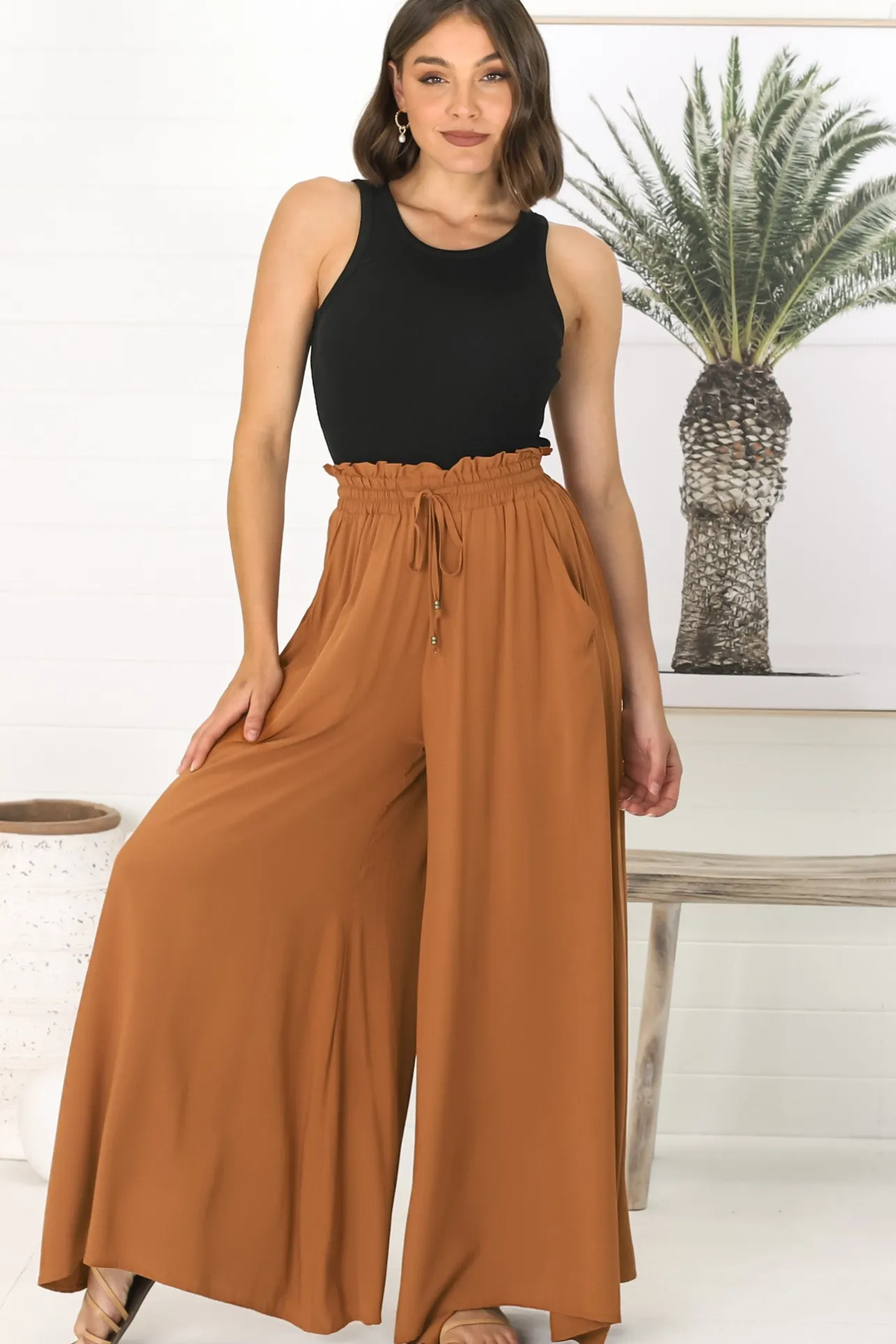 Charli Pants - Paper Bag High Waisted Wide Leg Pants in Rust>Salty Crush New