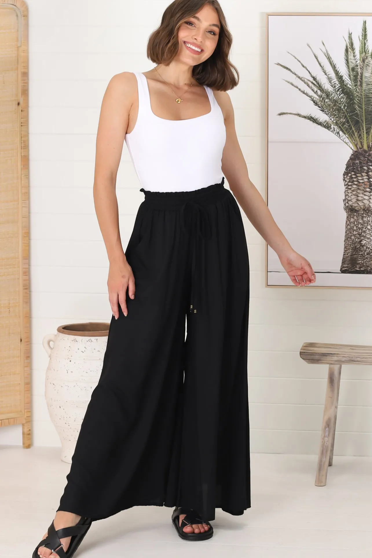 Charli Pants - Paper Bag High Waisted Wide Leg Pants in Black>Salty Crush Best