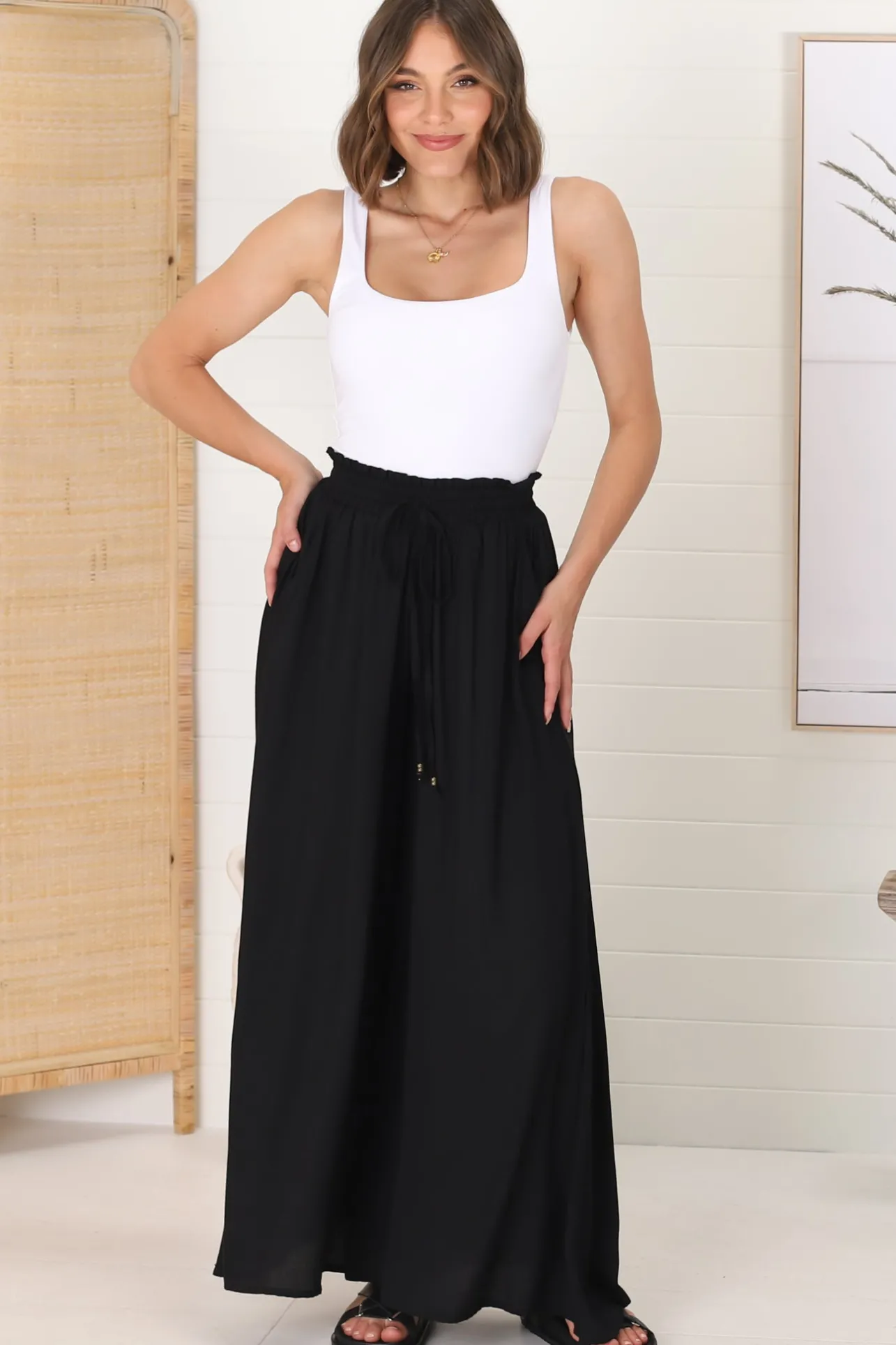 Charli Pants - Paper Bag High Waisted Wide Leg Pants in Black>Salty Crush Best