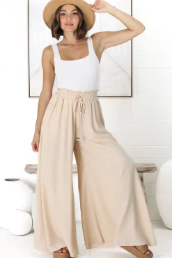 Charli Pants - Paper Bag High Waisted Wide Leg Pants in Sand>Salty Crush