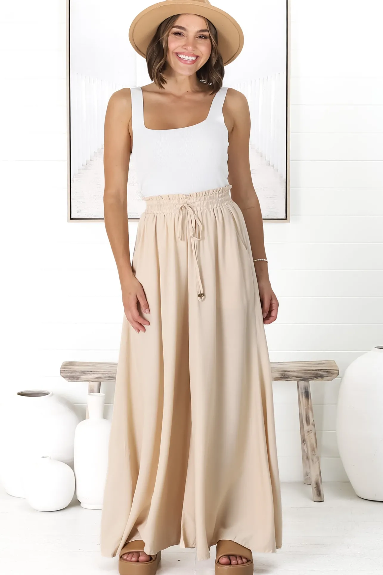 Charli Pants - Paper Bag High Waisted Wide Leg Pants in Sand>Salty Crush