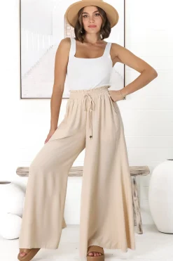 Charli Pants - Paper Bag High Waisted Wide Leg Pants in Sand><noscript><img width=