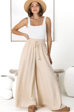 Charli Pants - Paper Bag High Waisted Wide Leg Pants in Sand><noscript><img width=