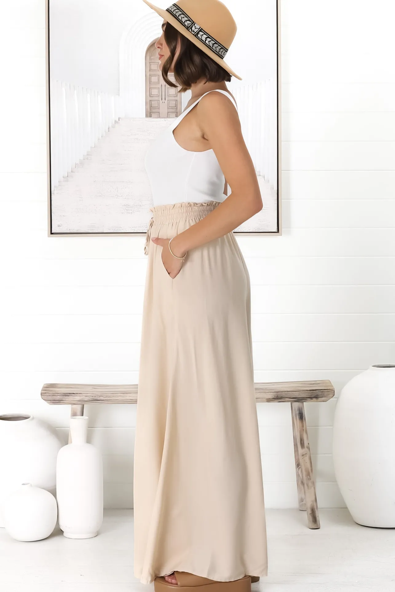Charli Pants - Paper Bag High Waisted Wide Leg Pants in Sand>Salty Crush