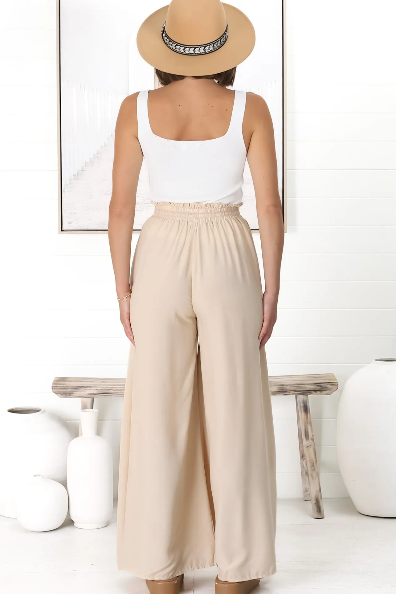 Charli Pants - Paper Bag High Waisted Wide Leg Pants in Sand>Salty Crush