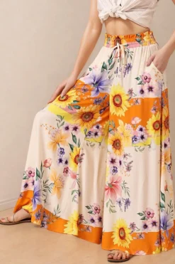 Charli Pants - Paper Bag High Waisted Wide Leg Pants in Tansy Print>Salty Crush New
