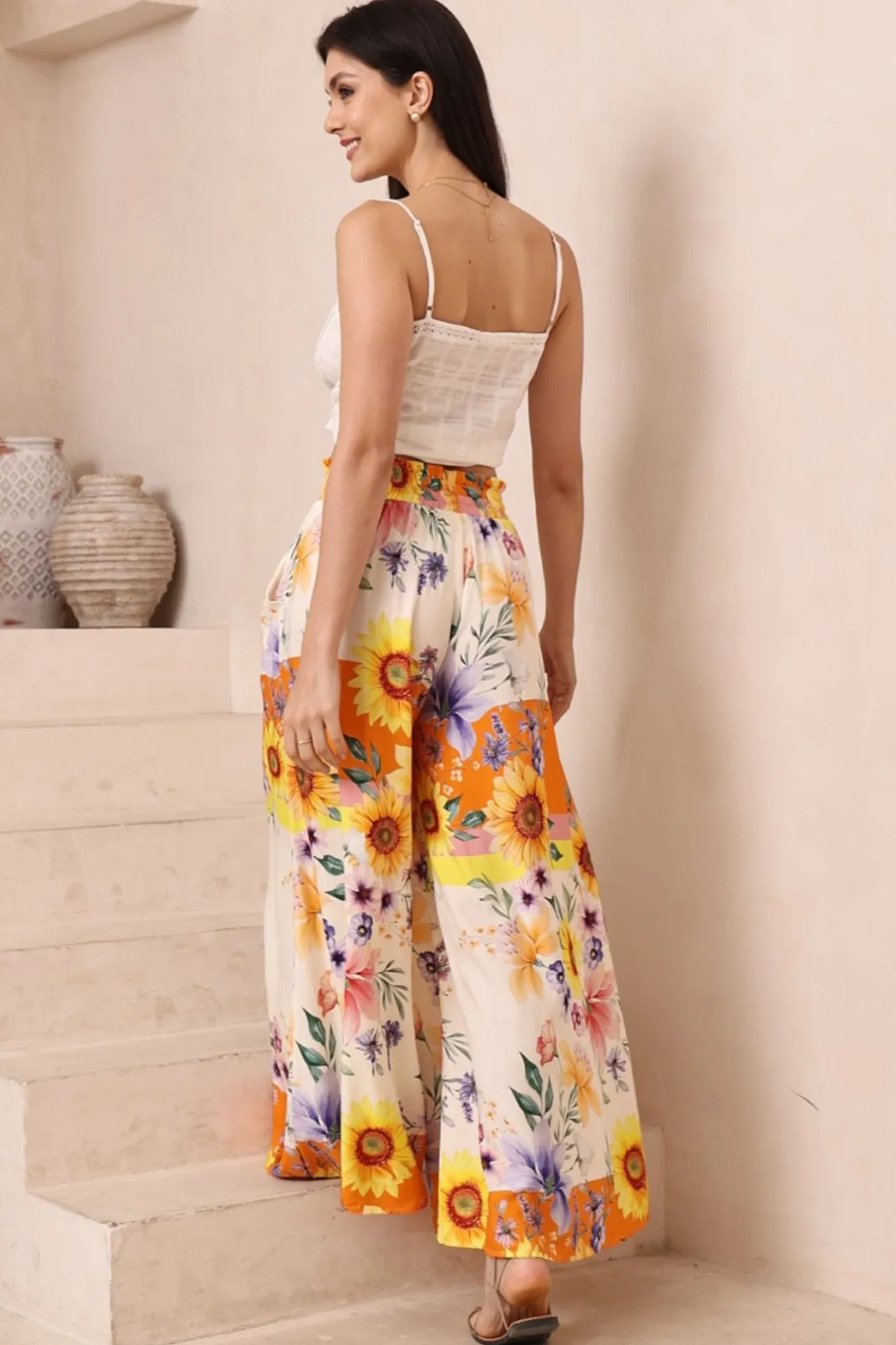Charli Pants - Paper Bag High Waisted Wide Leg Pants in Tansy Print>Salty Crush New