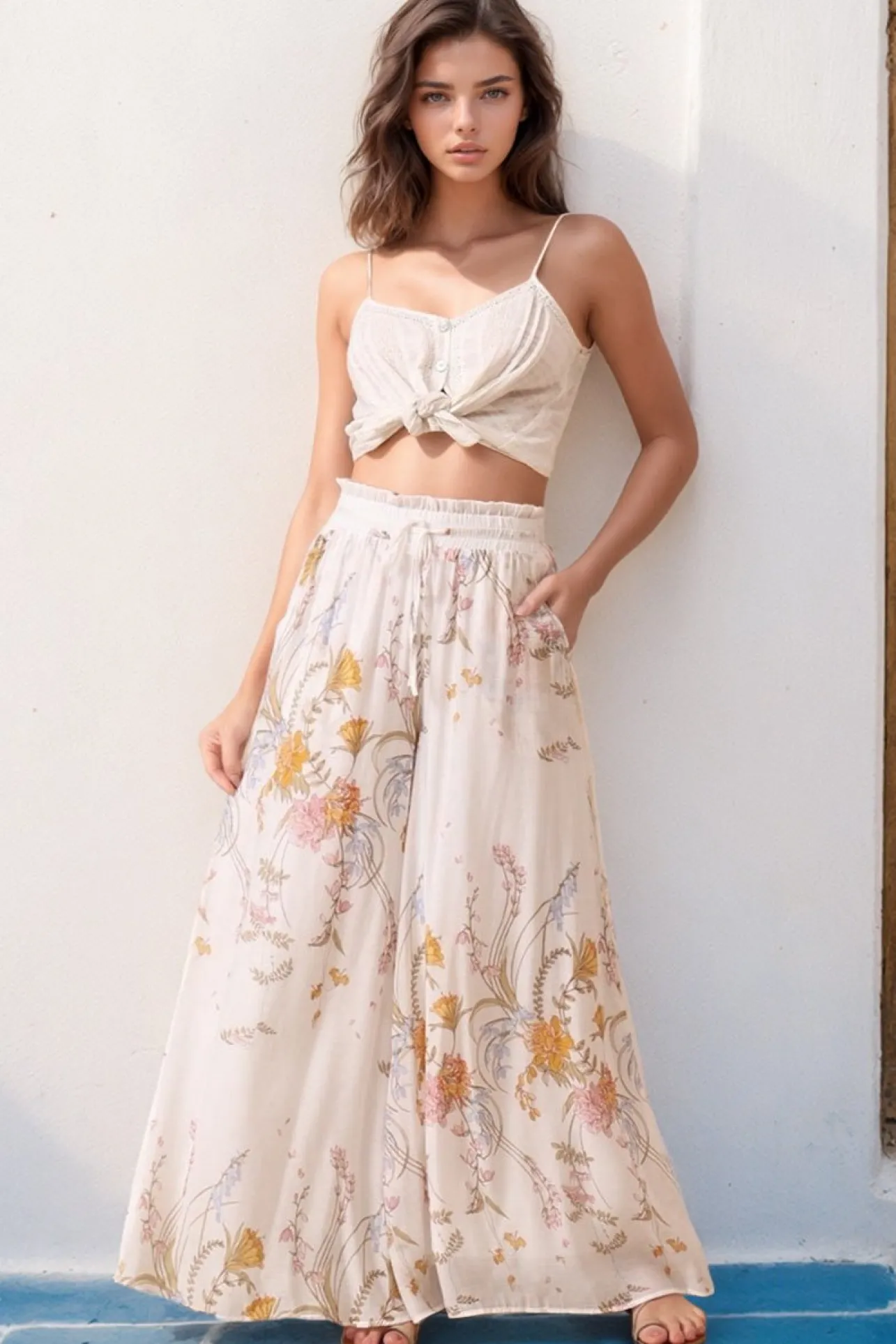 Charli Pants - Paper Bag High Waisted Wide Leg Pants in Sheree Print>Salty Crush Hot