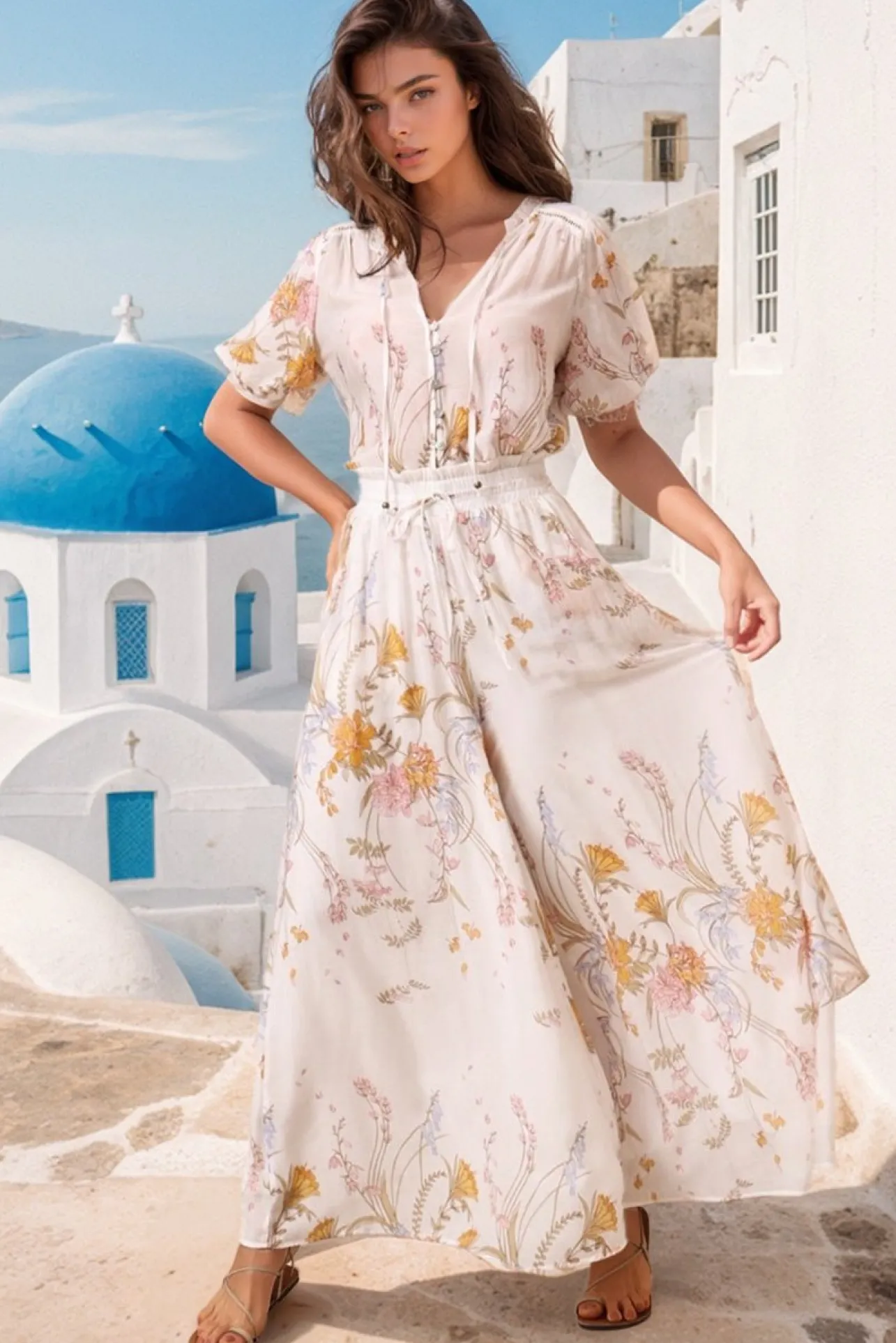 Charli Pants - Paper Bag High Waisted Wide Leg Pants in Sheree Print>Salty Crush Hot