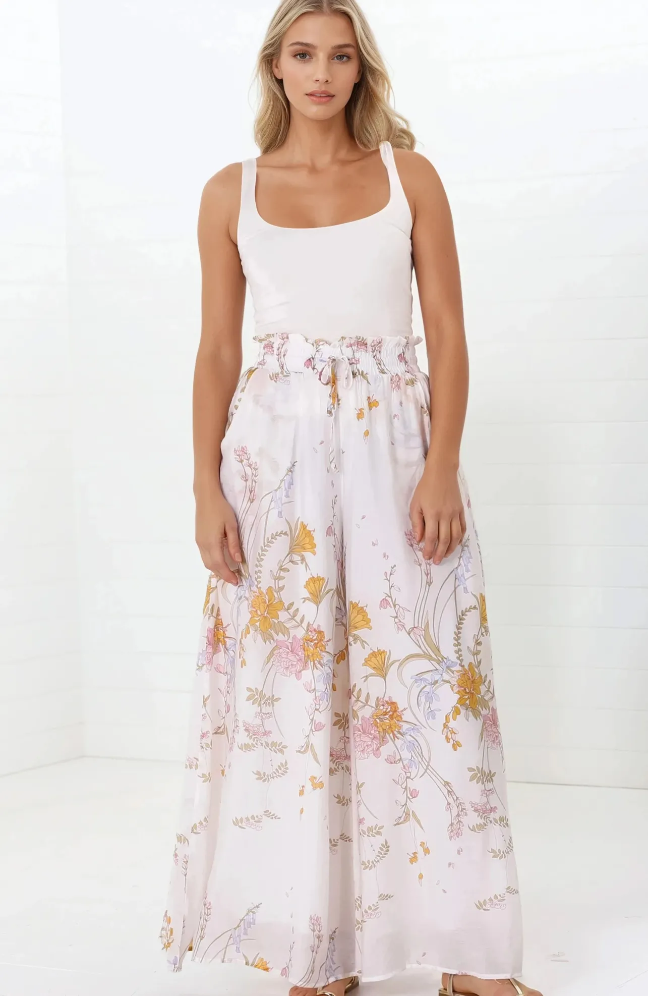 Charli Pants - Paper Bag High Waisted Wide Leg Pants in Sheree Print>Salty Crush Hot