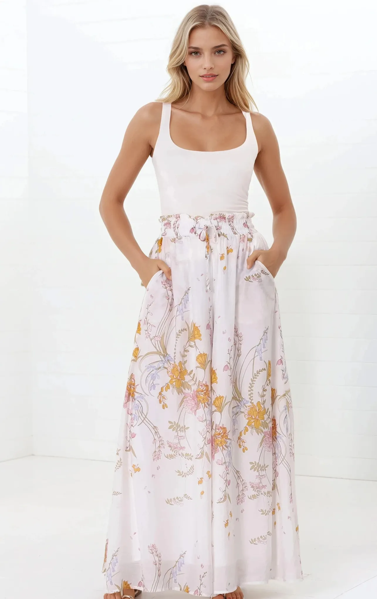 Charli Pants - Paper Bag High Waisted Wide Leg Pants in Sheree Print>Salty Crush Hot