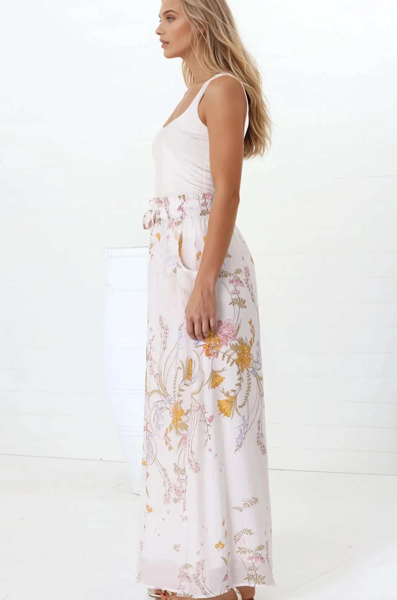 Charli Pants - Paper Bag High Waisted Wide Leg Pants in Sheree Print>Salty Crush Hot