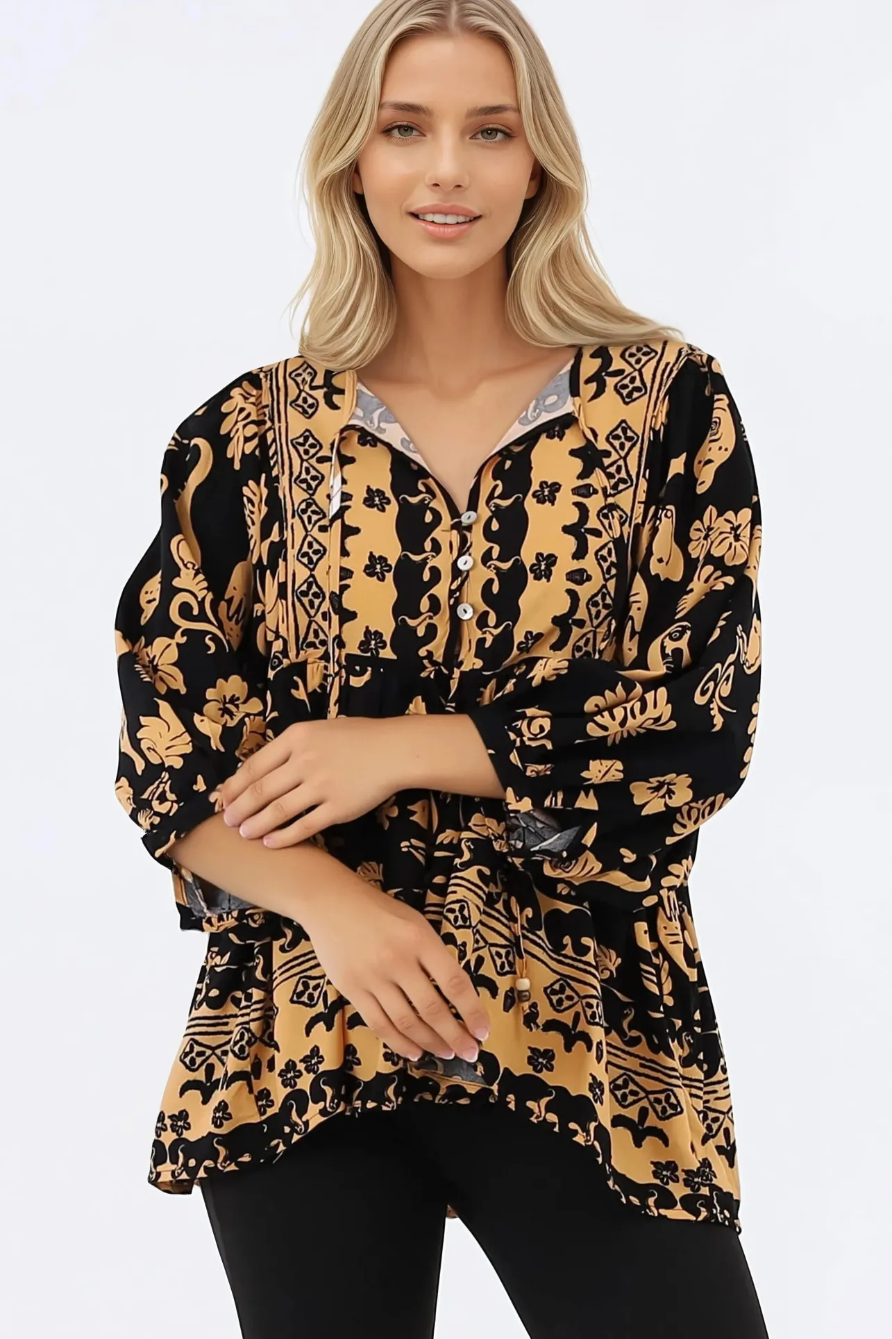 Chi Blouse - Balloon Sleeve Smock Blouse in Bronte Print>Salty Crush Hot