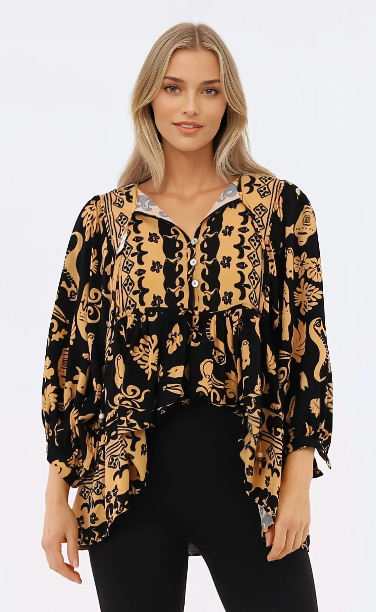 Chi Blouse - Balloon Sleeve Smock Blouse in Bronte Print>Salty Crush Hot