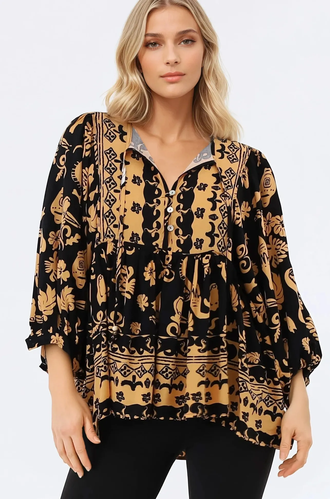 Chi Blouse - Balloon Sleeve Smock Blouse in Bronte Print>Salty Crush Hot