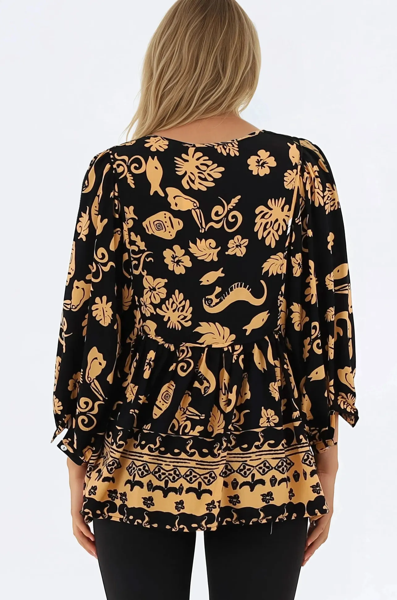 Chi Blouse - Balloon Sleeve Smock Blouse in Bronte Print>Salty Crush Hot