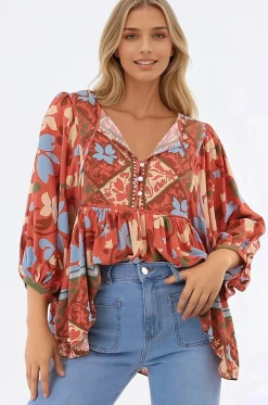 Chi Blouse - Balloon Sleeve Smock Blouse in Aella Print>Salty Crush Outlet