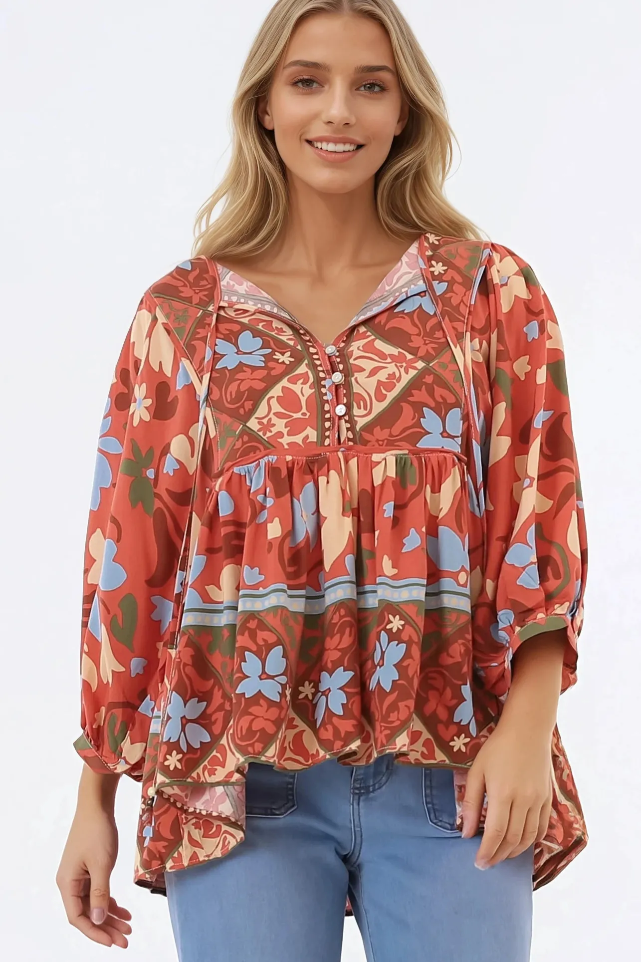 Chi Blouse - Balloon Sleeve Smock Blouse in Aella Print>Salty Crush Outlet