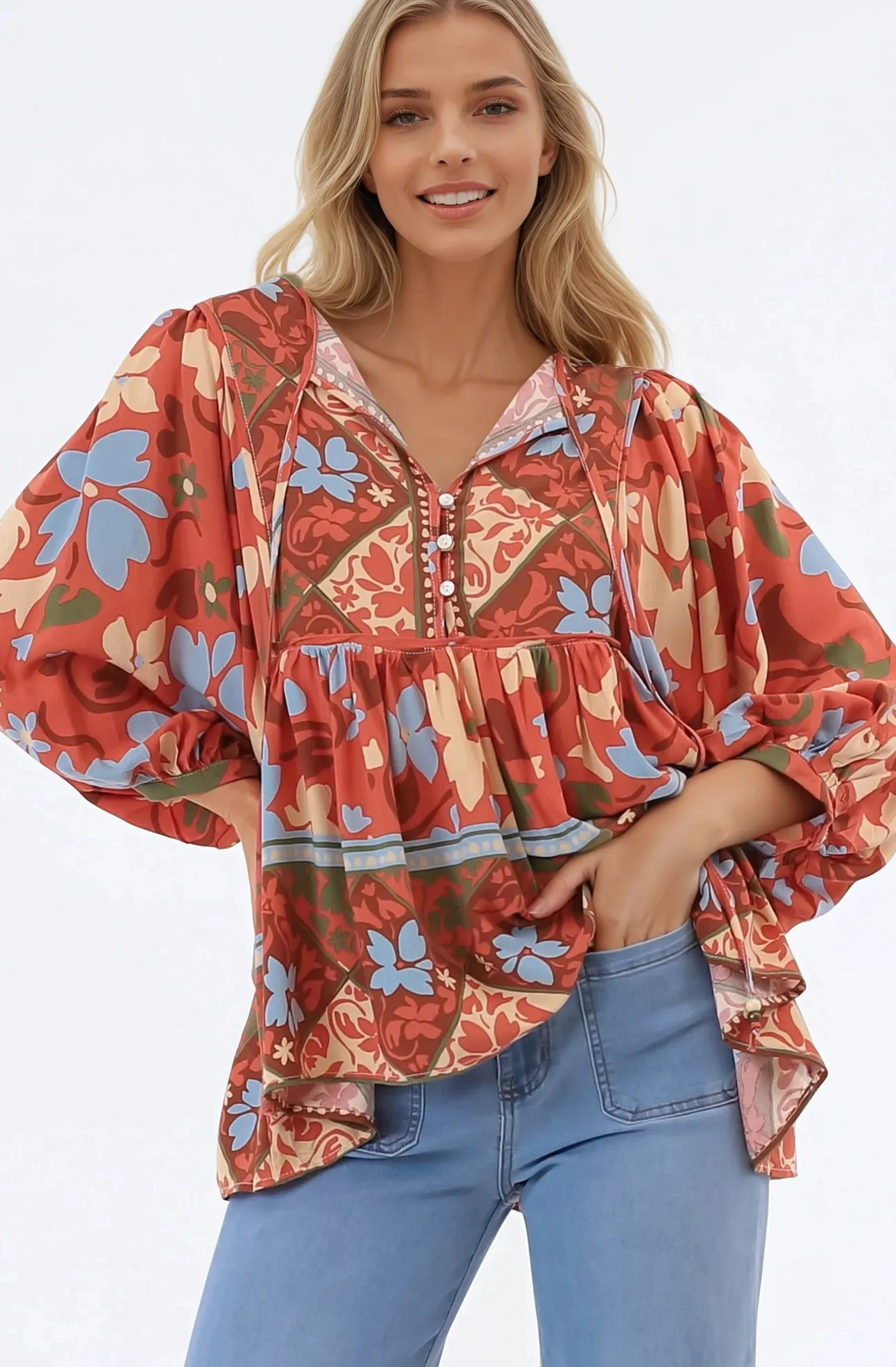Chi Blouse - Balloon Sleeve Smock Blouse in Aella Print>Salty Crush Outlet