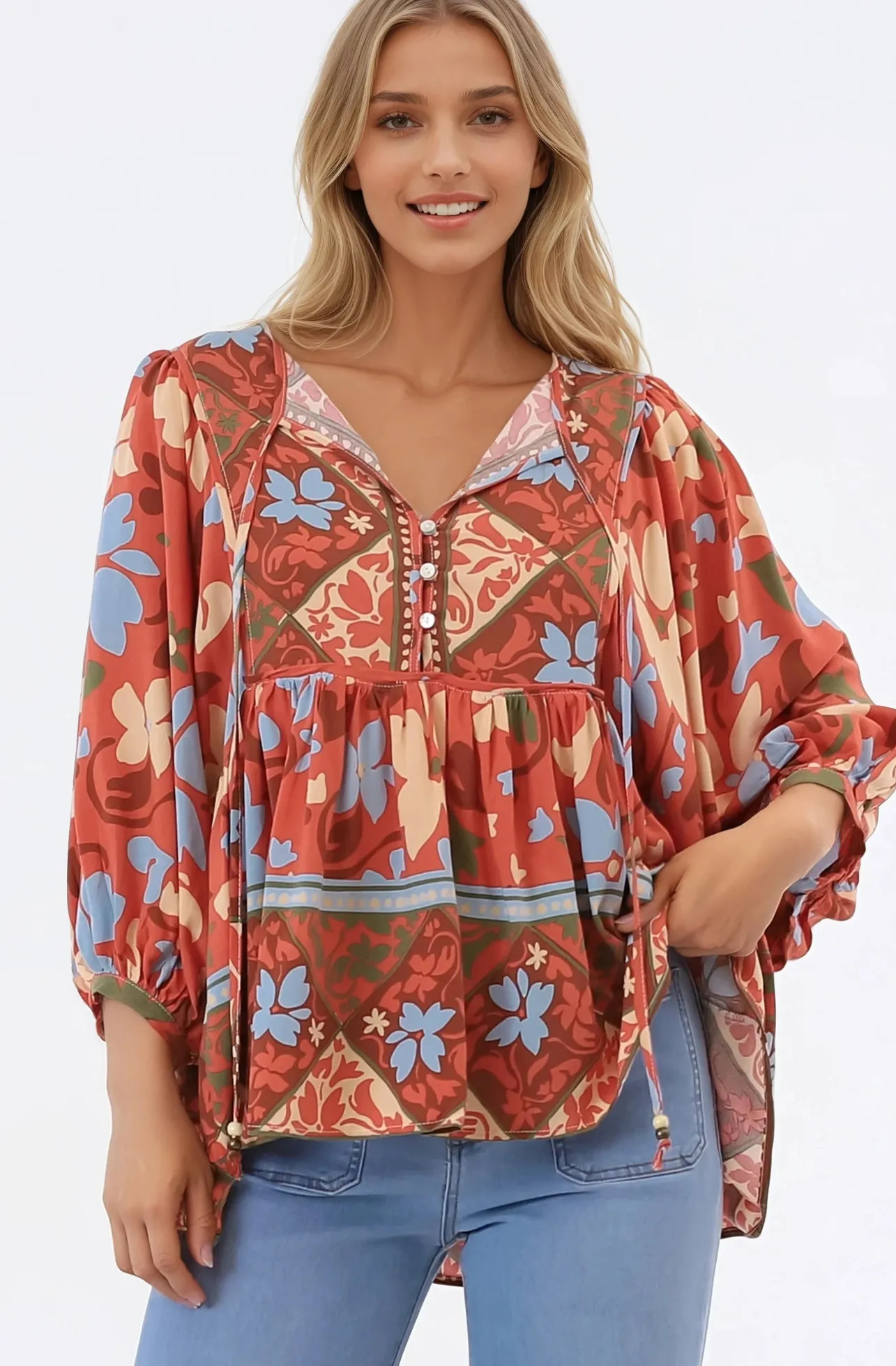 Chi Blouse - Balloon Sleeve Smock Blouse in Aella Print>Salty Crush Outlet