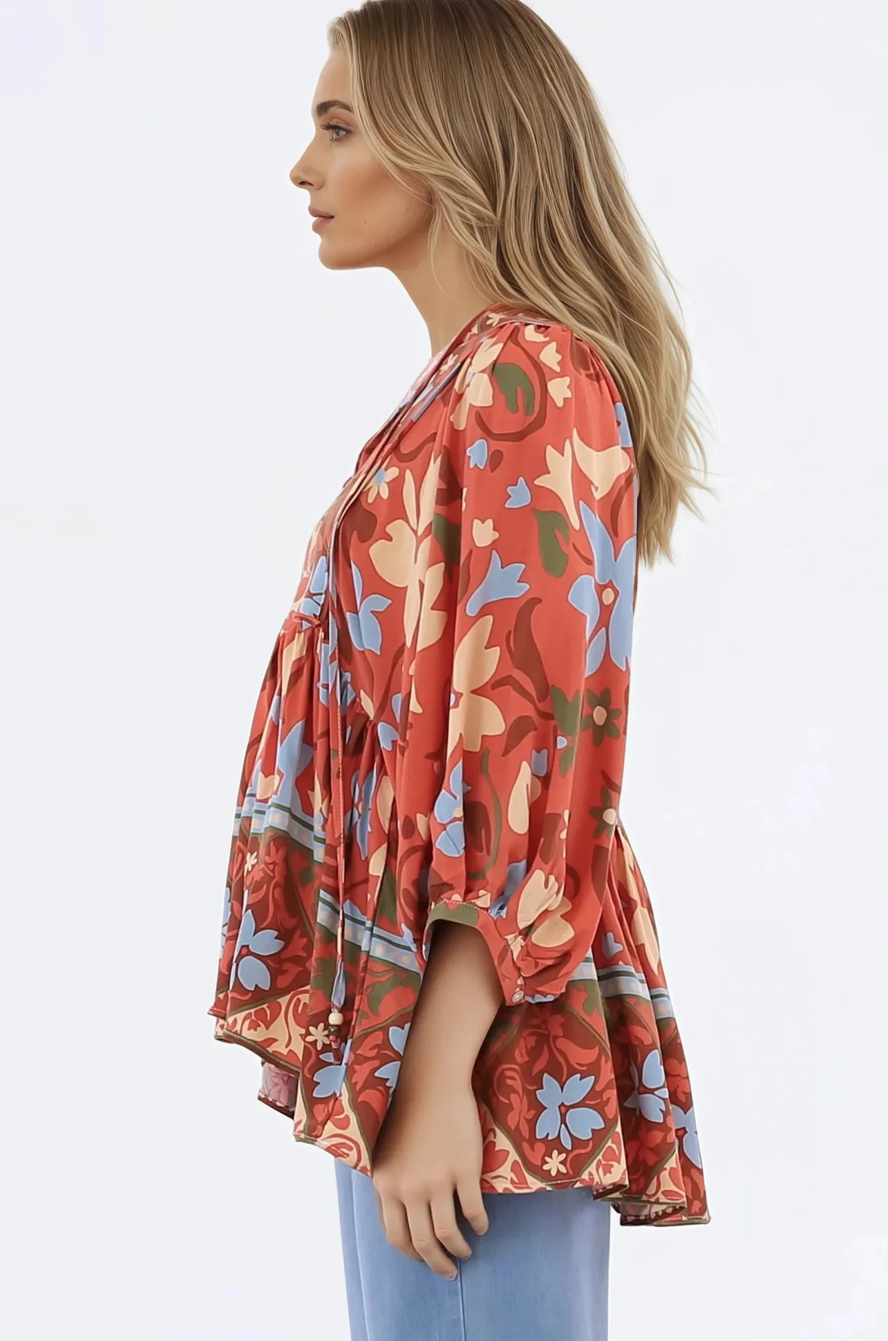 Chi Blouse - Balloon Sleeve Smock Blouse in Aella Print>Salty Crush Outlet