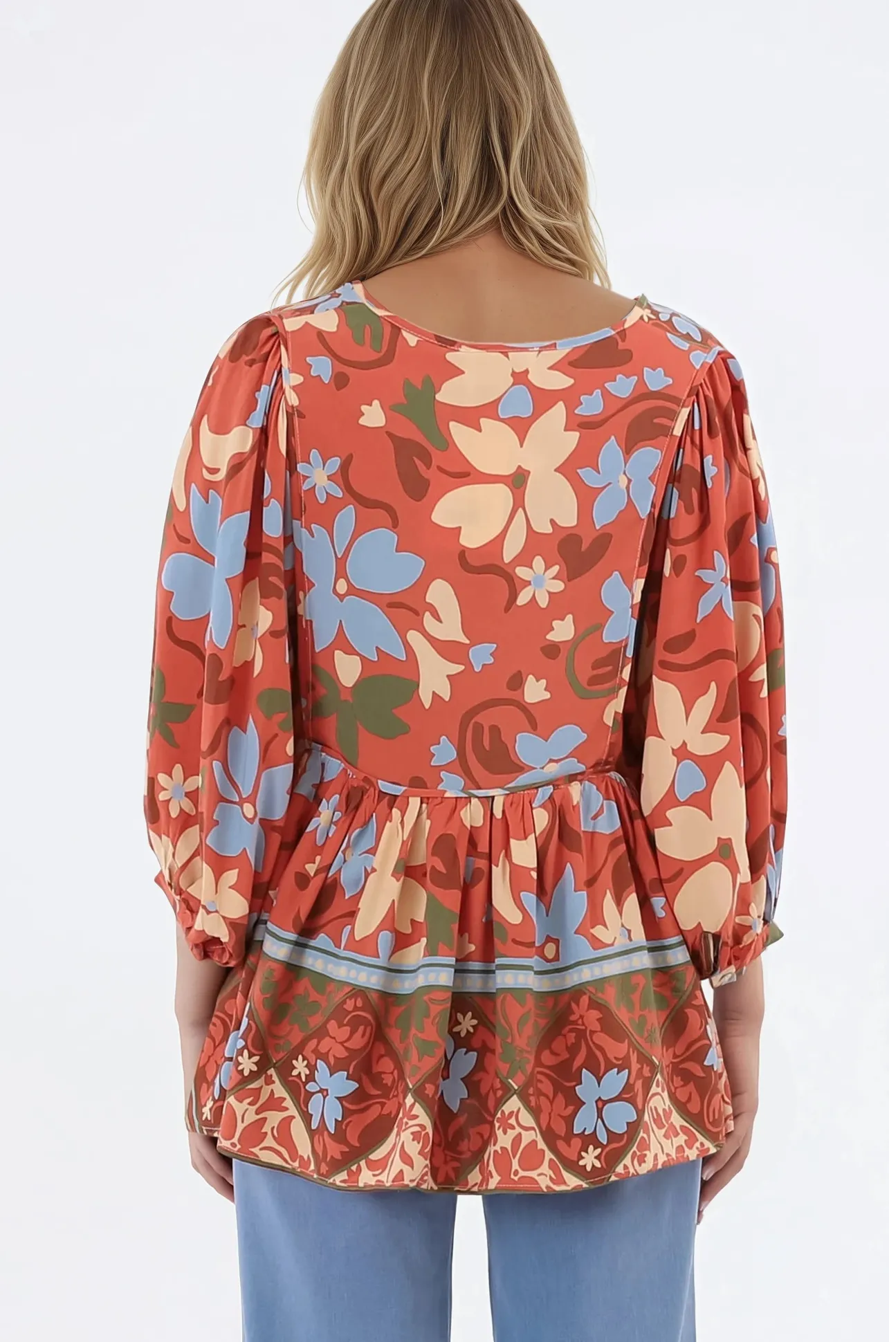 Chi Blouse - Balloon Sleeve Smock Blouse in Aella Print>Salty Crush Outlet