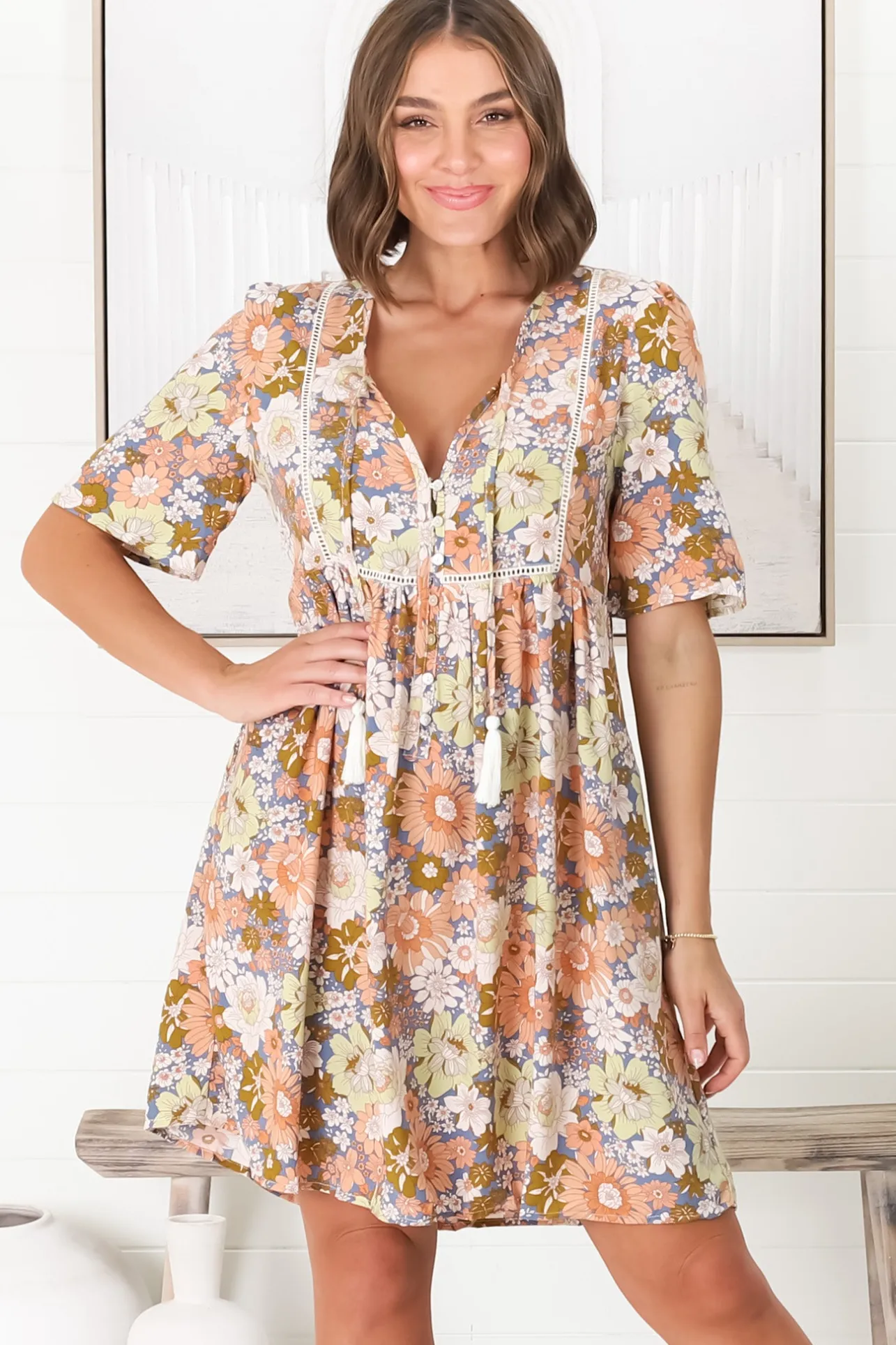 Chia Mini Dress - Babydoll Dress in Floral Avianna Print>Salty Crush Discount