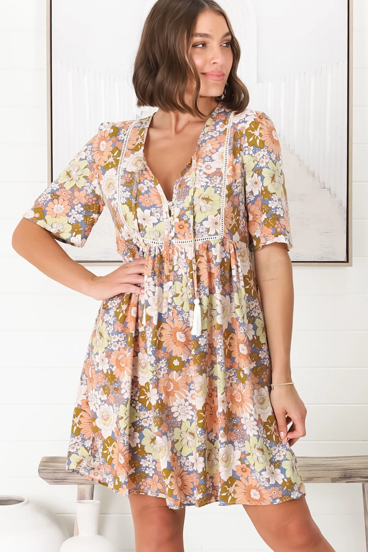 Chia Mini Dress - Babydoll Dress in Floral Avianna Print>Salty Crush Discount