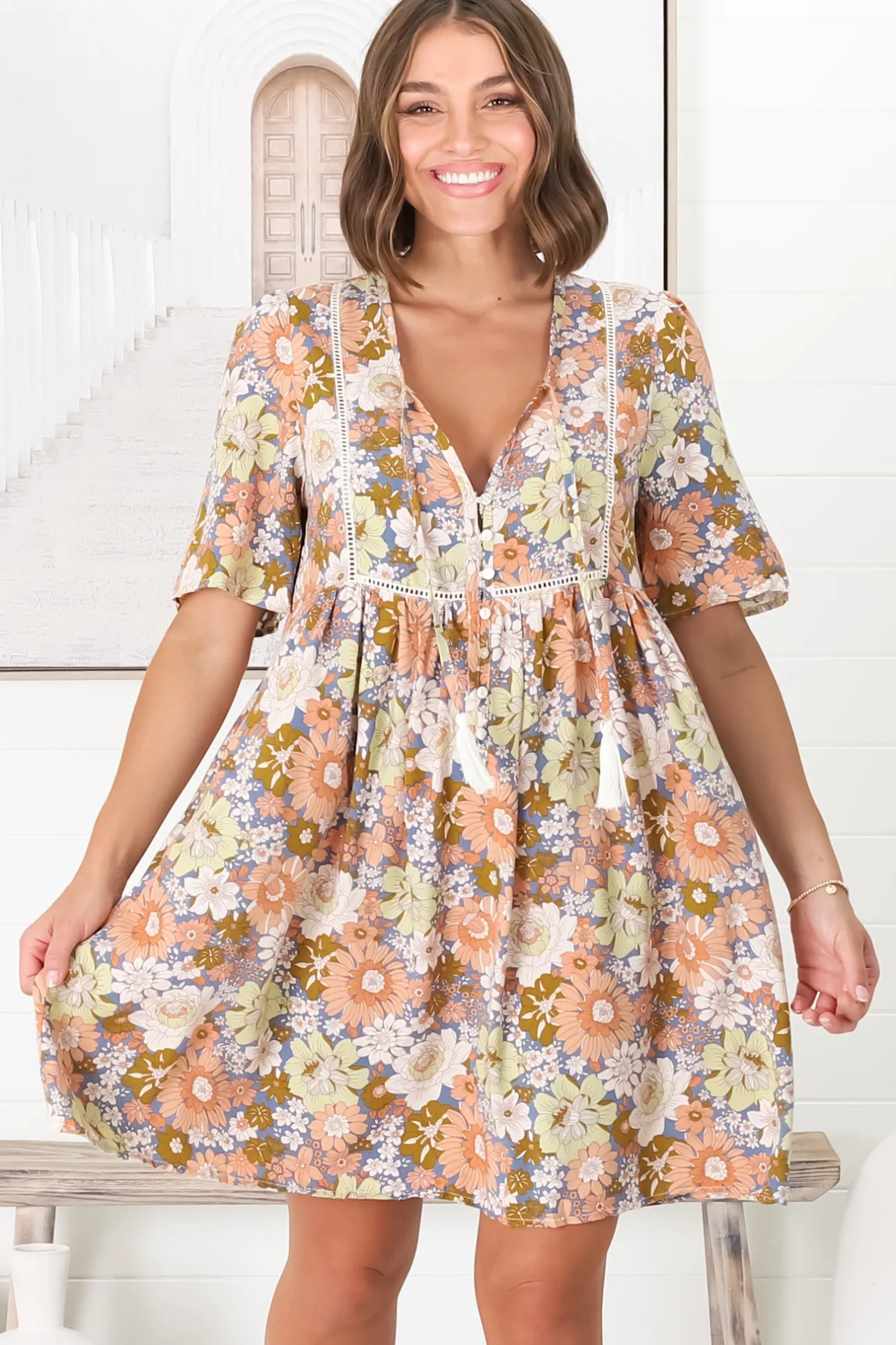 Chia Mini Dress - Babydoll Dress in Floral Avianna Print>Salty Crush Discount