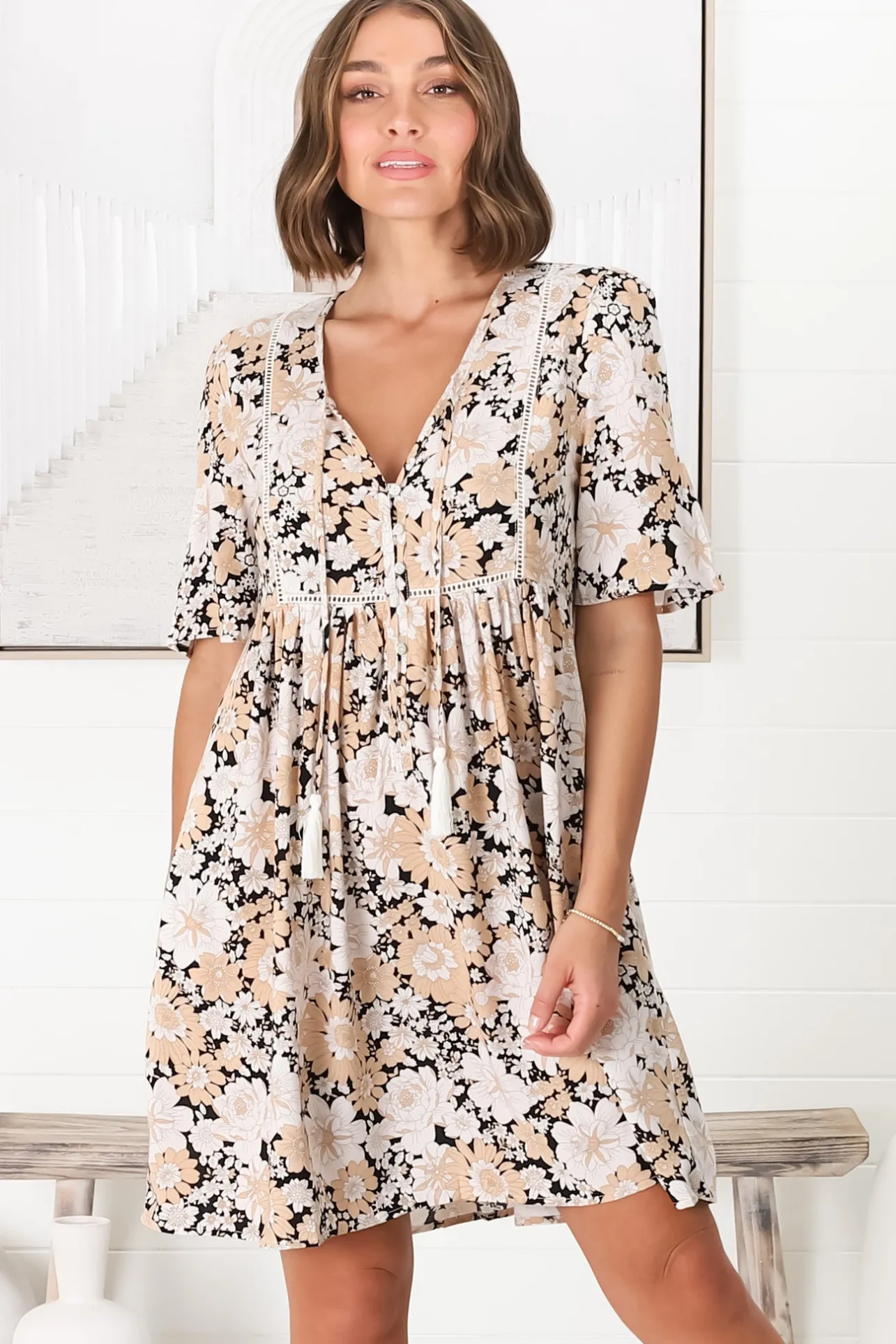 Chia Mini Dress - Babydoll Dress in Lyanna Print>Salty Crush Sale