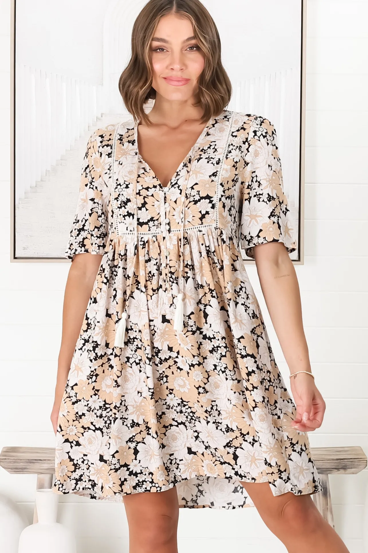 Chia Mini Dress - Babydoll Dress in Lyanna Print>Salty Crush Sale