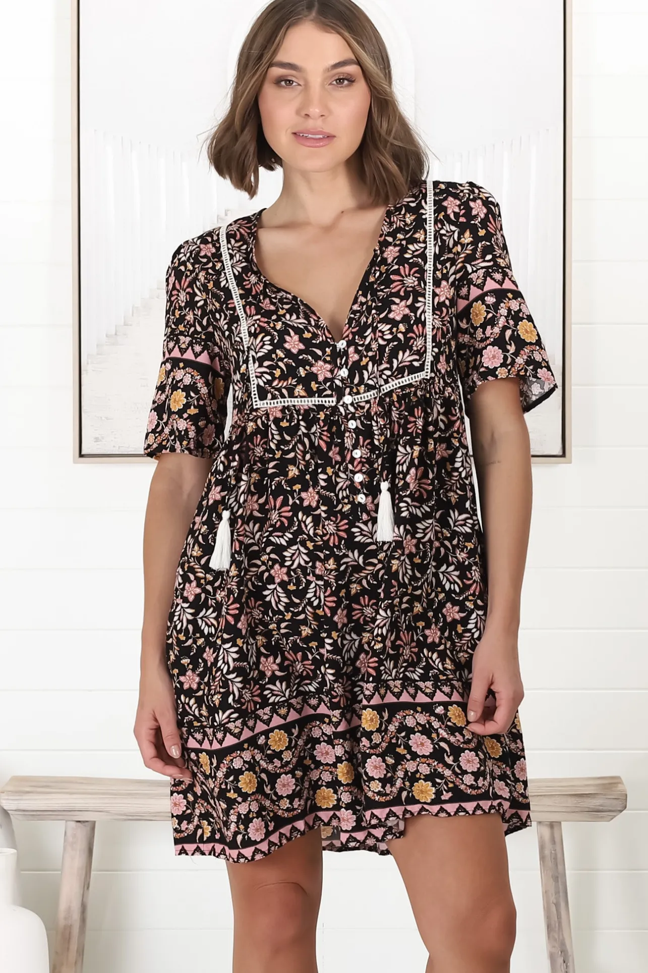 Chia Mini Dress - Babydoll Dress in Floral Amirah Print>Salty Crush New