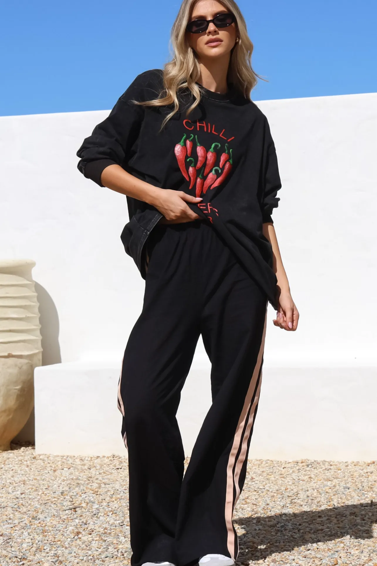 Chilli Lovers Set - Graphic Long Sleeve Top and Pants with Stripe Accent in Black>Salty Crush Best