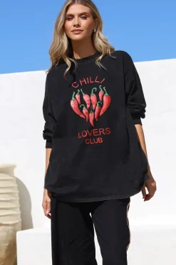 Chilli Lovers Set - Graphic Long Sleeve Top and Pants with Stripe Accent in Black><noscript><img width=