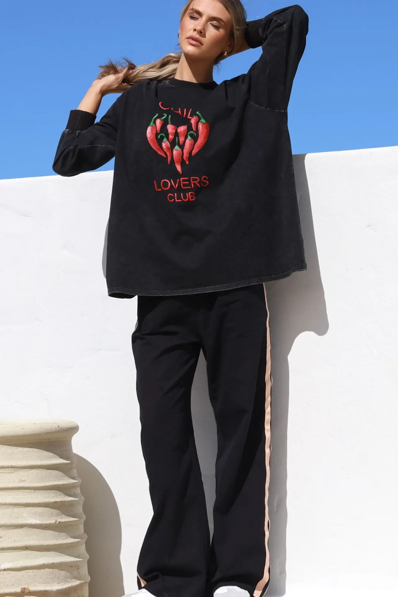 Chilli Lovers Set - Graphic Long Sleeve Top and Pants with Stripe Accent in Black>Salty Crush Best